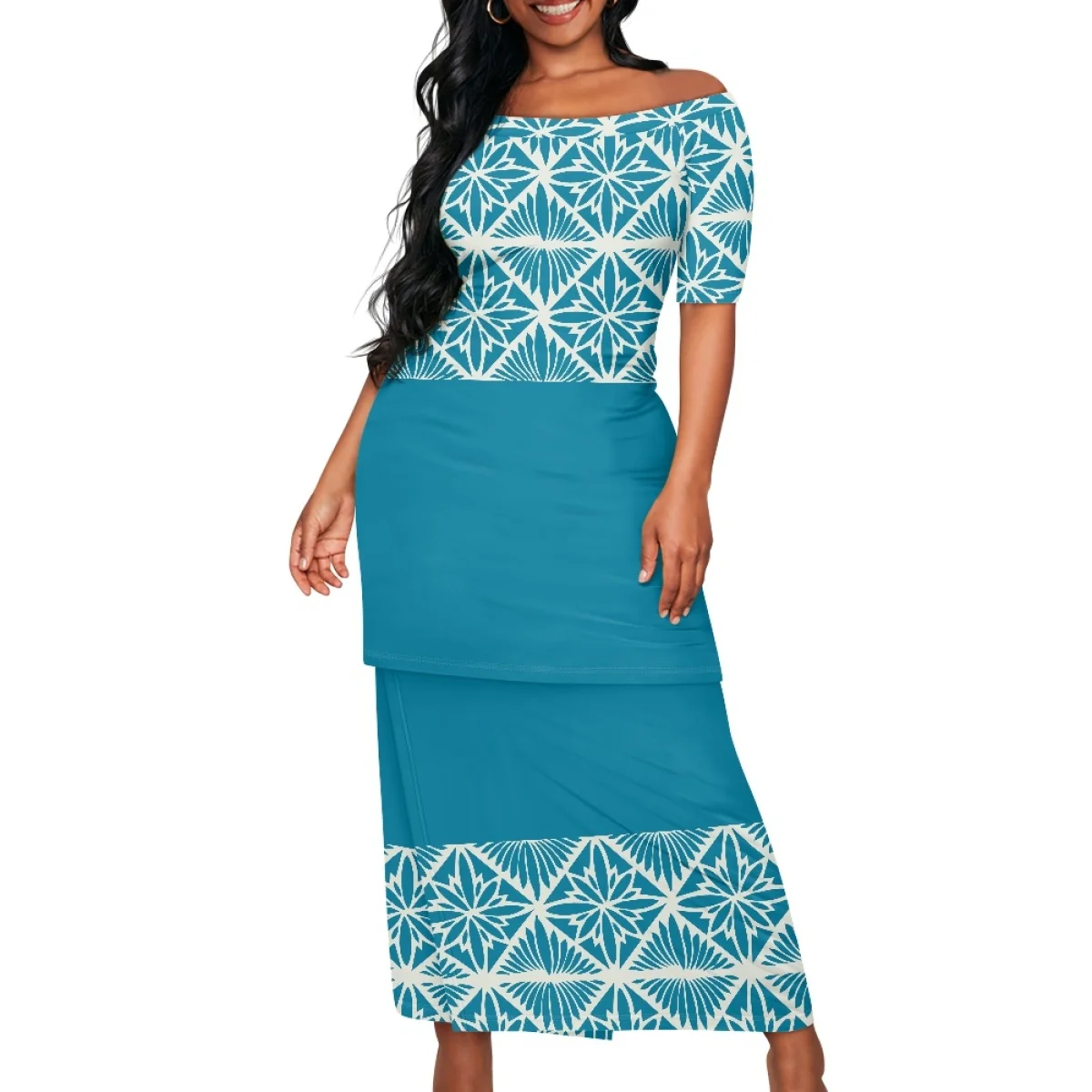 Summer Islander Women Puletasi Samoa Elegant Dresses Lady Short Sleeve Off shoulder Two Piece Set Polynesian Tribal Clothing