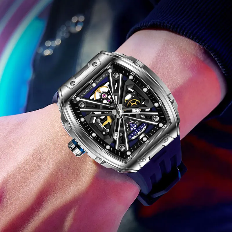 PONIGER New Men's Automatic Mechanical Watch Casual Fashion Cool Tonneau Design Watch Luminous Stainless Steel Waterproof Clock