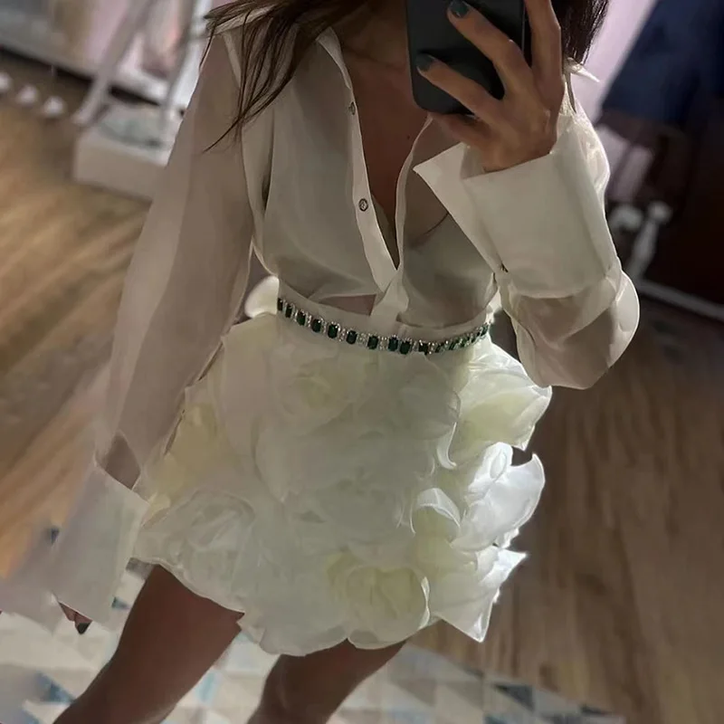 

High-end new lapel see-through light shirt + three-dimensional flower slim skirt fashionable simple luxury temperament elegant h