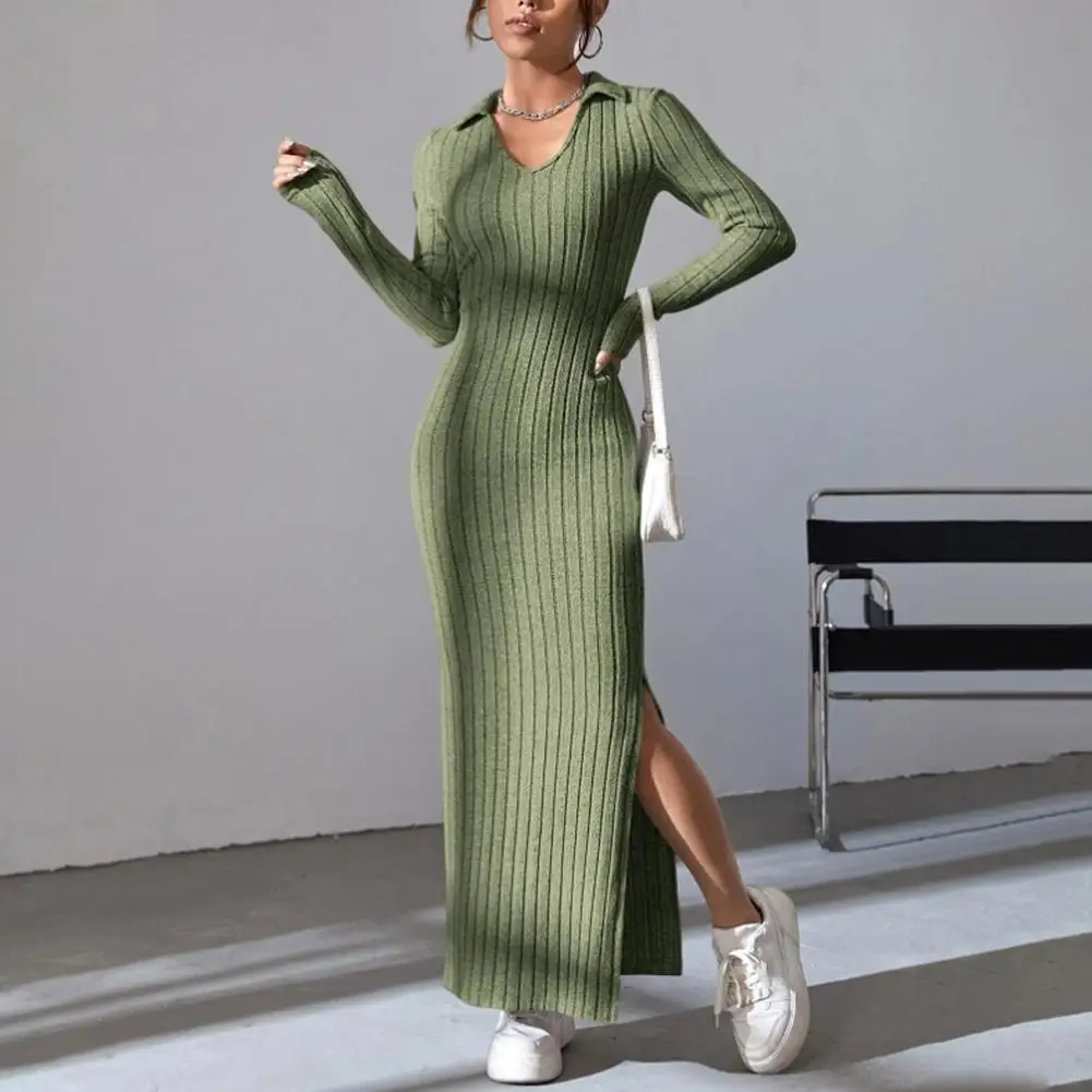 

Fall Spring Dress Elegant V Neck Maxi Dress for Women Spring Fall with Slit Hem Long Sleeves for Shopping Dating Parties Women