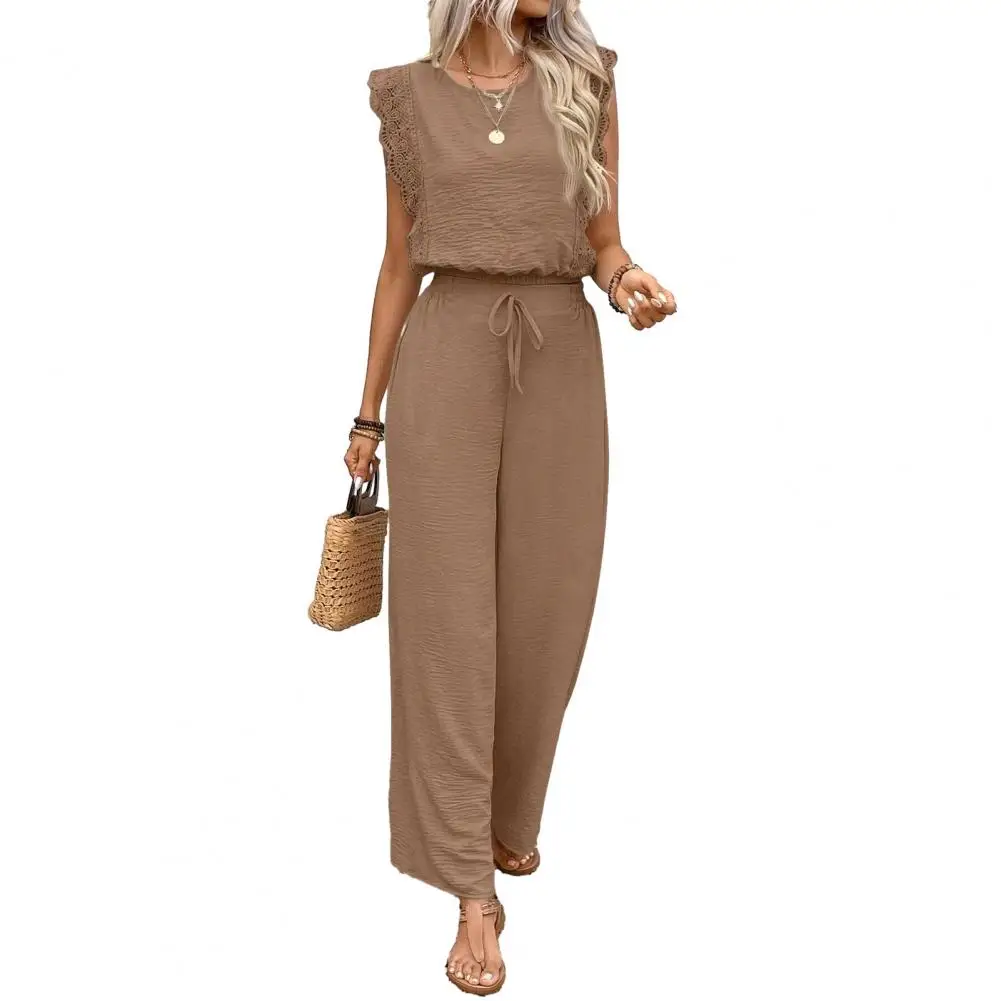 Casual Women Outfit Lightweight Women Clothing Women's Summer Two-piece Set Lace Trim Sleeveless Crew Neck Top Wide Leg Pants