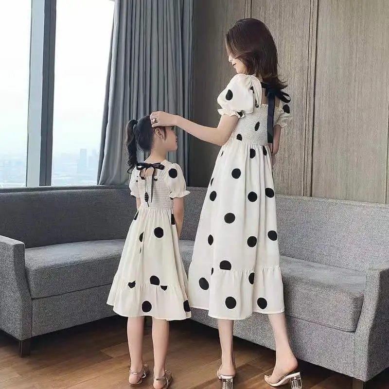 Mother and Girls Polka Dot Dresses Summer New Fashion Children\'s Clothing Small Fresh Puff Sleeve Parent-child Princess Dress 8y