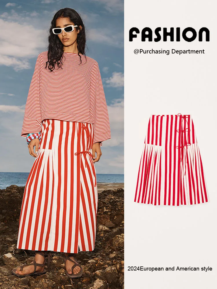 Faionable  Knot Stripe Midi Skirt Women's New Arrival Slimming mid Waist Summer 2025 Trendy Ethnic Stage Costume