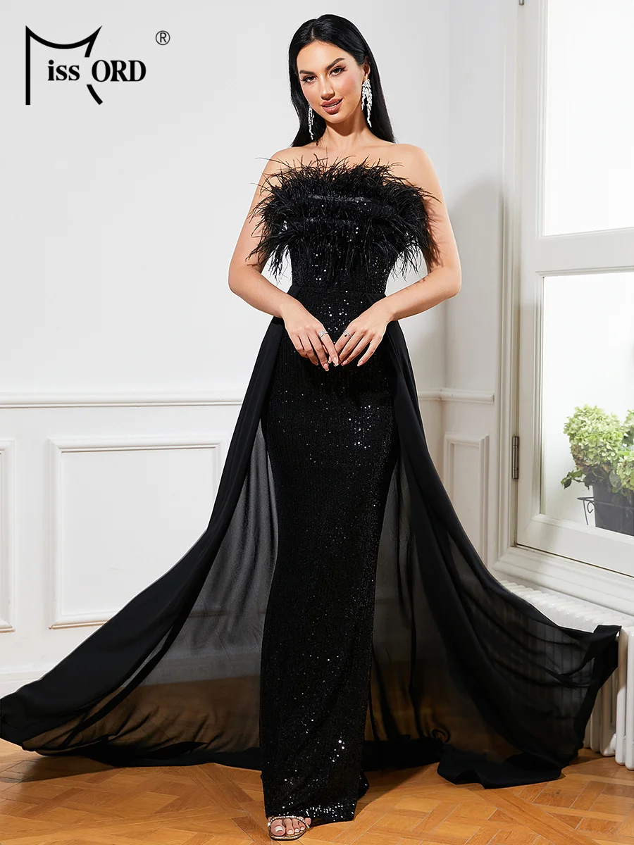 

Missord Elegant Black Feather Long Dress Women Strapless Sequin Bodycon Maxi Party Prom Dresses With Train Evening Gown