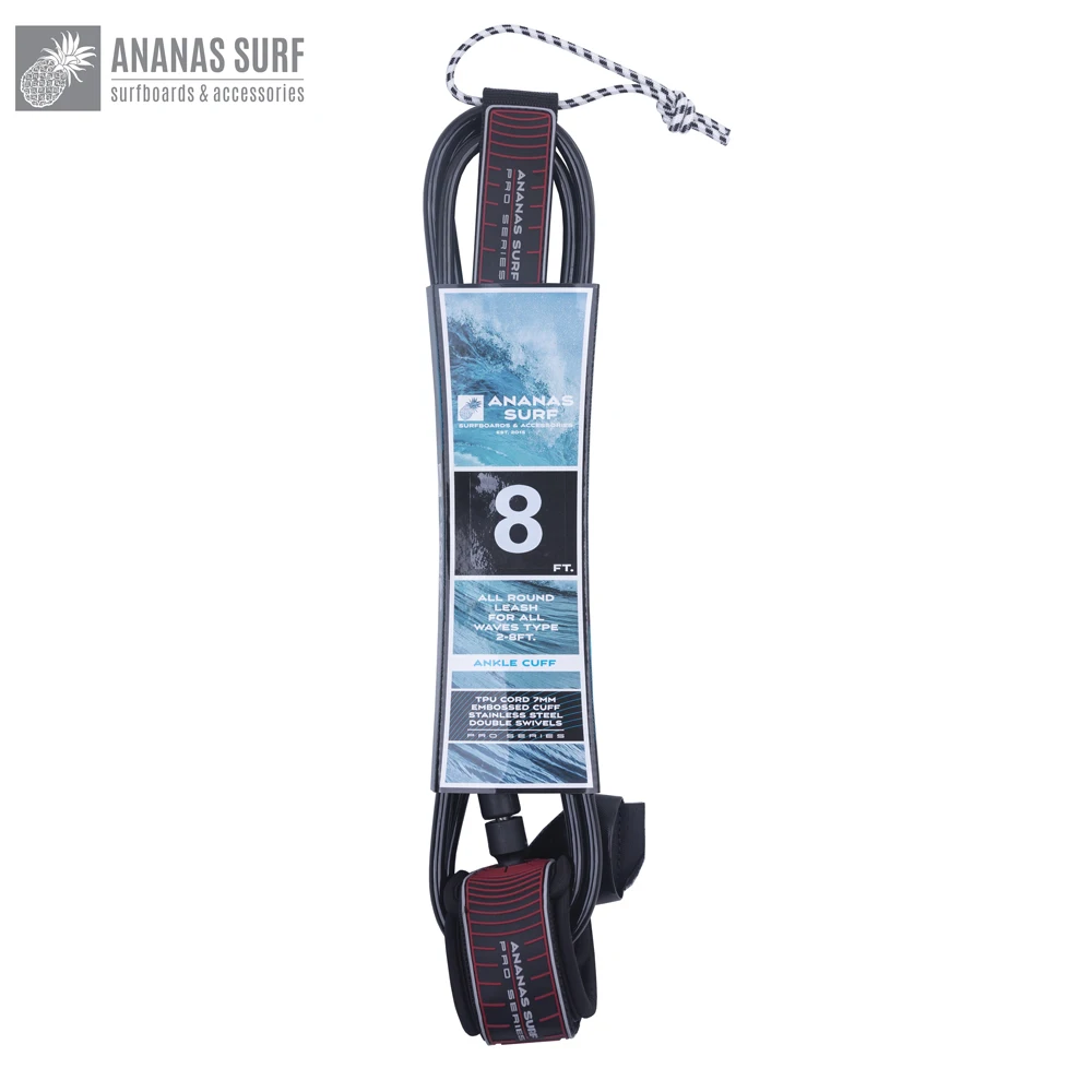 Ananas Surf 8ft. 244 cm. Long Surfboard Leash Ankle Cuff Foot Leg Rope Safety Cord 7mm TPU Double Stainless Swivels