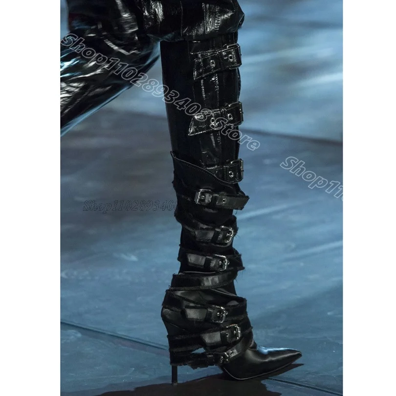 Black Belt Buckle Stiletto Boots Pointed Toe Personality British Style Fashion Women Party Dress Boots 2025 Zapatos Para Mujere