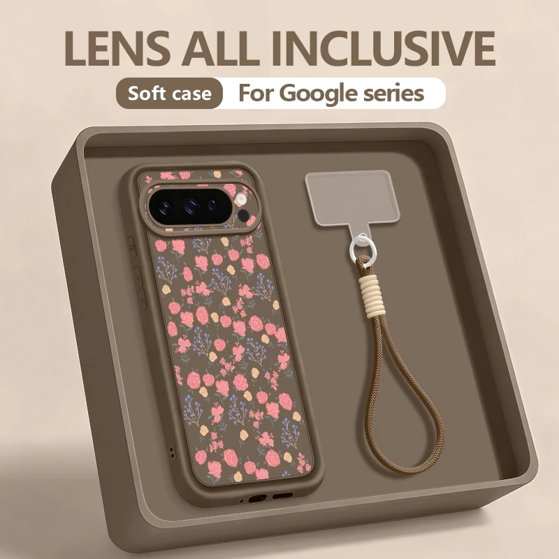 Rosa Handyhülle mit kleinem Blumenmuster für Google Pixel 10 9 8 7 Pro Pixel 9 10 Pro XL 7A 8A 9A Stoßfeste TPU Soft Lanyard Hülle