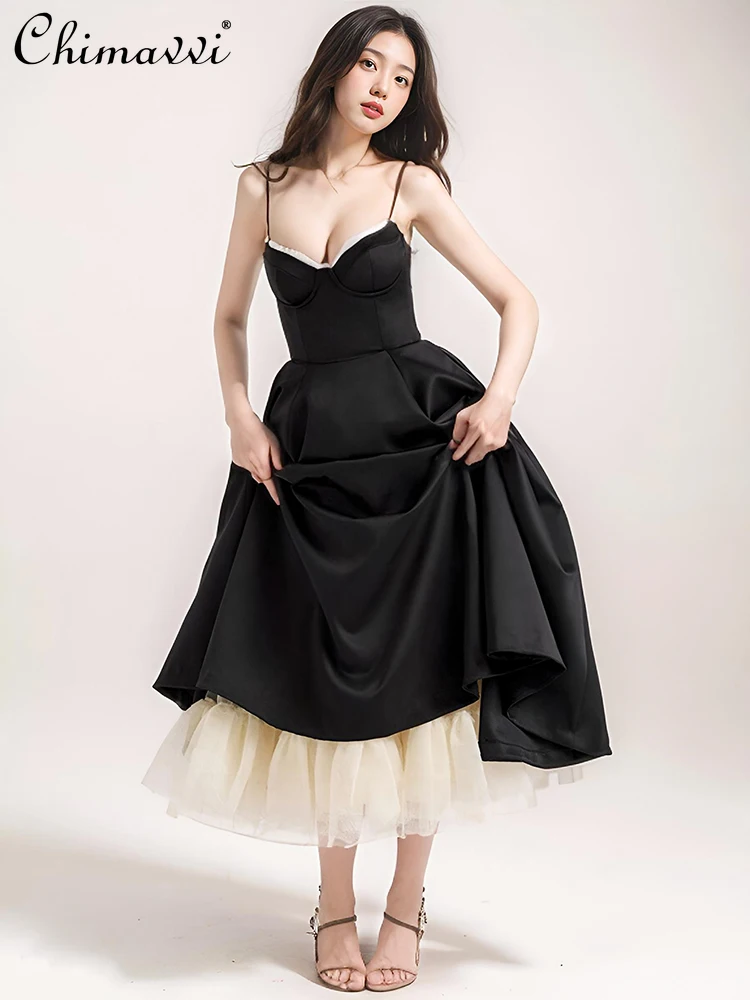 

French Elegant Sexy Evening Dresses Sleeveless V-neck Backless High Waist Slim Fit A-line Mesh Splicing Long Sling Dress Women