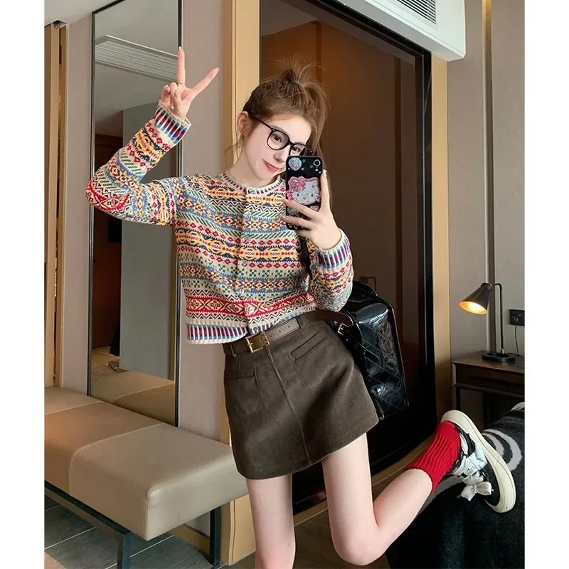 2024 New Cardigan Sweater Retro Ethnic Style Cardigan Mujer Jacket for Women Knitted Sweater Crop Top Long Sleeve Casual Winter