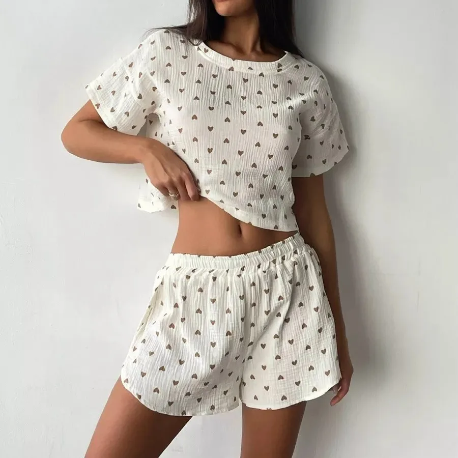 

New summer thin love print crepe cotton sexy pajamas women's short sleeve slit shorts two-piece set