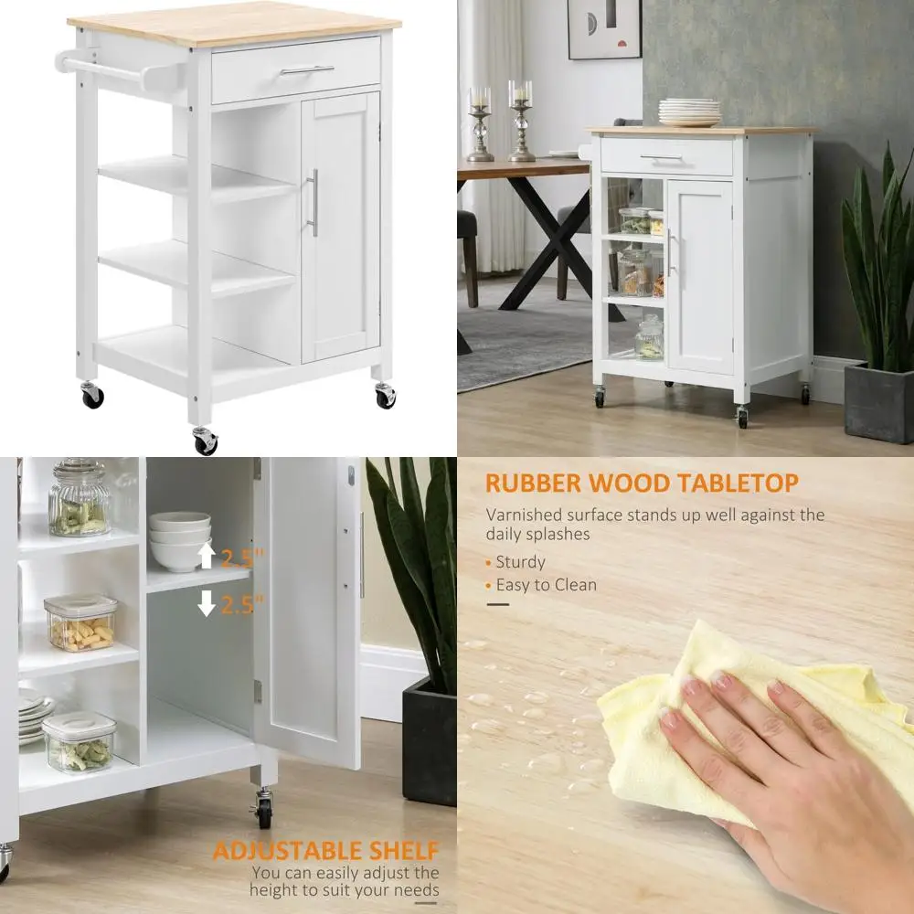 HOMCOM Rolling Kitchen Island Cart with Solid Wood Top and Storage, White for Dining Room Use
