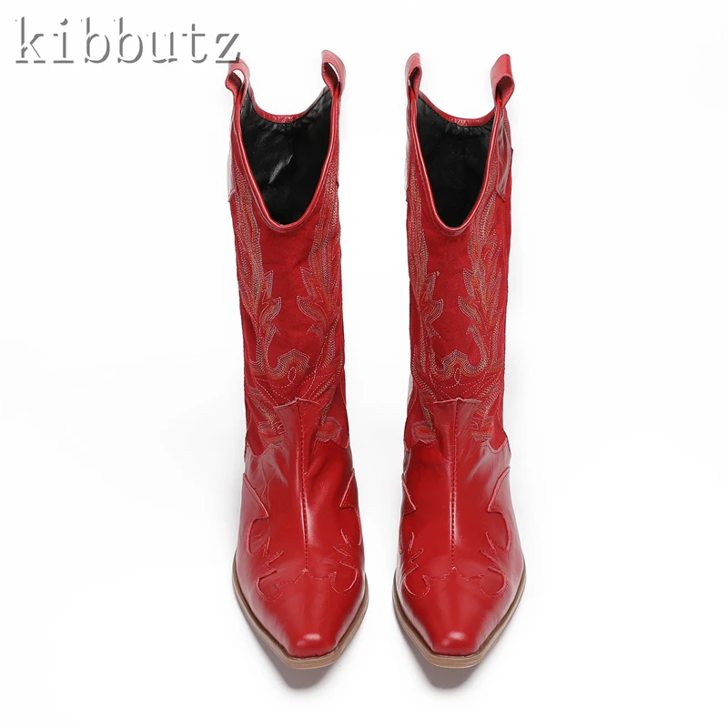 Bottes de cowboy mi-mollet brodées pour hommes, cuir véritable, carré, Parker, talons hauts, marque de luxe, design