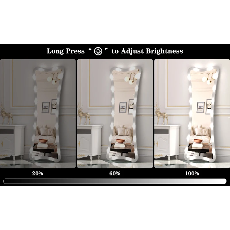 กระจกเงาเต็มตัวฮอลลีวู้ดพร้อมไฟ กระจกโต๊ะเครื่องแป้งเต็มตัวพร้อมโหมดสี 3 สี กระจกตั้งพื้นแบบมีไฟสําหรับการแต่งตัว R