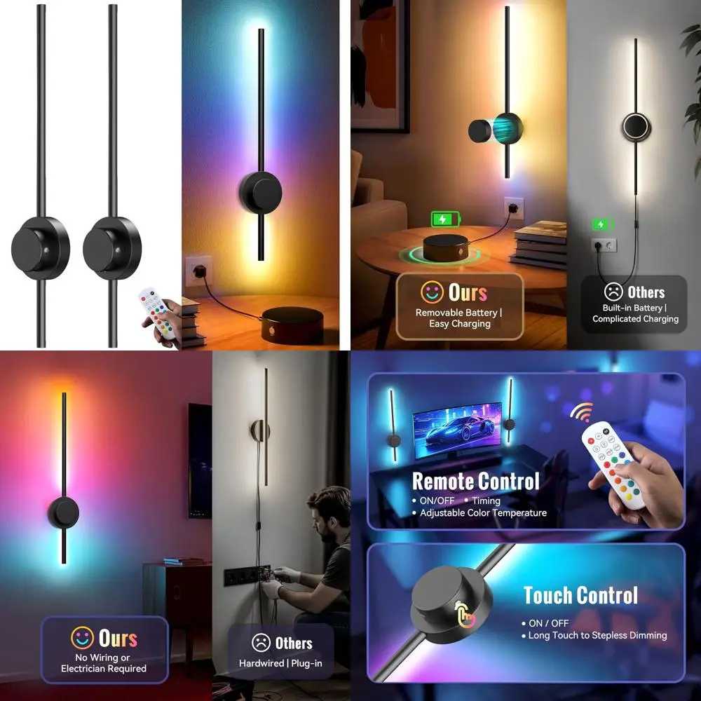

Пара перезаряжаемых светодиодных настенных бра с RGB 16 цветов, сенсорным и дистанционным управлением, таймером, 360° ° Вращение для домашнего декора