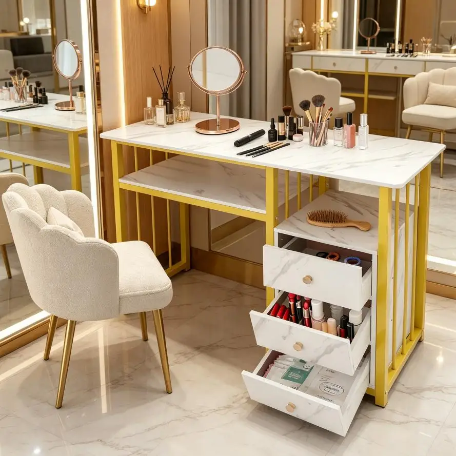 

Bymaocar Nail Table Bedside Table Overbed Table 100cm 3 Drawers Particle Board Steel Frame Veneer Coating Impact Resistant Wear Resistant Durable Multi-Link Design 66.14 lbs Capacity Large Desktop Open Shelf Storage Salon Home