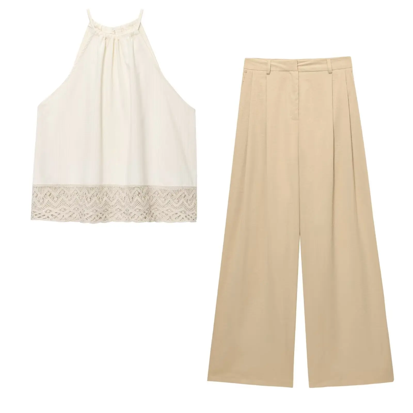 

Solid Crochet Blend Tank Top Women Summer Sleeveless Cropped Vest Simple Casual Pleated Wide Leg Pants Holiday Two-piece Sets