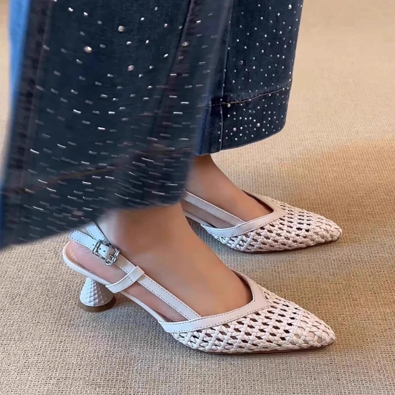 

Женские сандалии Baotou, сандалии с одним словом и ремешком, дышащие сандалии на высоком пустом каблуке сзади, темпераментные тканые полые туфли с острым носком