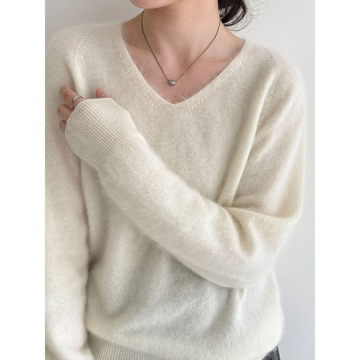 

5% кашемировый, приятный для кожи шерстяной свитер с v-образным вырезом для женщин, осень-зима, уютный базовый трикотаж в стиле Old Money
