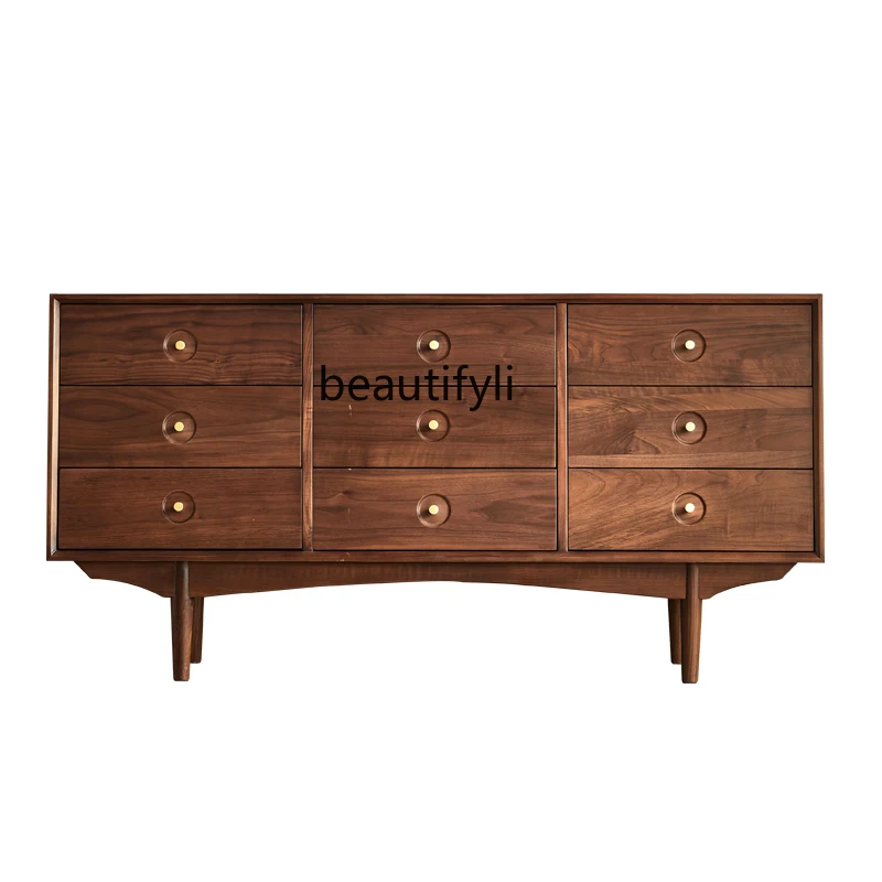 

North America Black Walnut Nine-Drawer Cabinet Bedroom Living Room Simple Solid Wood Storage Cabinet Nordic Light Luxury