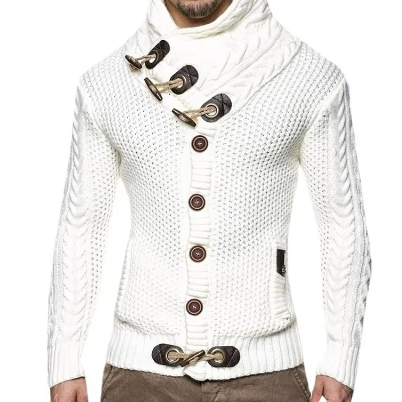 Men's Slim Fit High Neck Single Breasted Cardigan with Long Sleeves and Knitted Sweater for Autumn and Winter