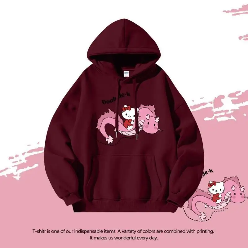 

Толстовка с капюшоном Sanrio Leisure Hello Kitty, флисовая, женская, для пар, осенне-зимняя, повседневная, в японском стиле, с мультяшным принтом, модная, новинка