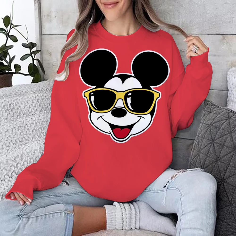 Casual Loose Graffiti Mickey Mouse Printed Long Sleeve Hoodies Women 2024 Spring Autumn Mid-Length Round Neck Sweatshirts Female