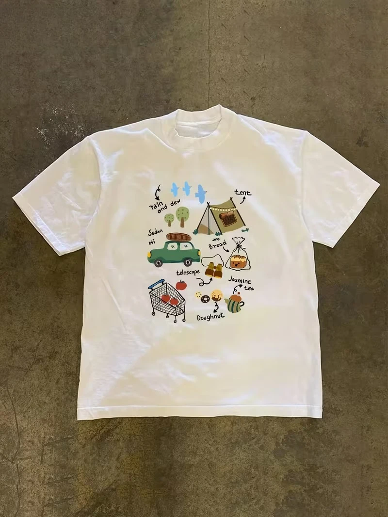 Cute Camping Adventure Doodle Graphic T-Shirt, Casual Crew Neck Short Sleeve Top for Men/Women, Summer Daily Fashion Tee
