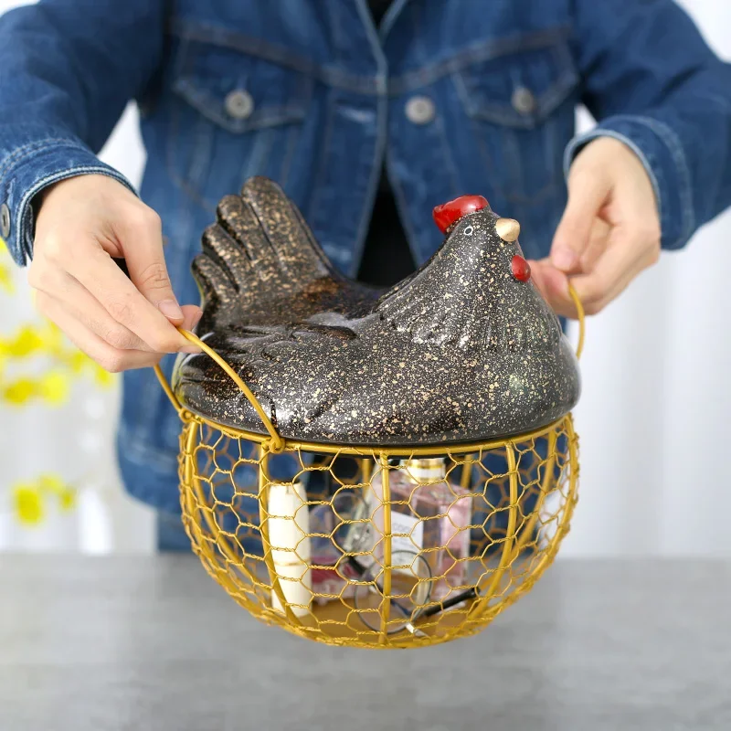 Ceramics Wrought Iron Storage Basket  Decorations Entrance Desktop Ornaments Chicken Groceries Metal