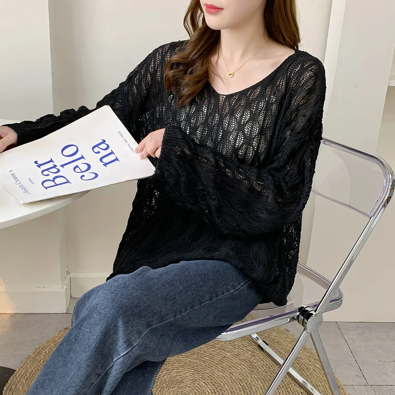 Nuovo autunno abbigliamento da donna Hollow girocollo da donna a maniche lunghe tinta unita Top maglione casual maglione allentato maglieria