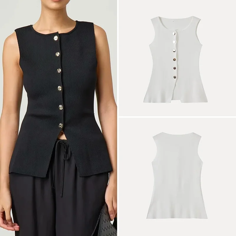 Printemps 2025 femmes Faion Simple bouton doré aiguille plate tricoté gilet haut polyvalent fibre de Polyester 00% Match tous les Sles