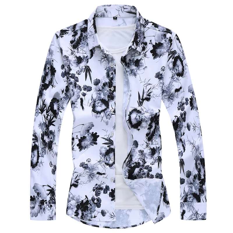 2026 New White Men's Flower Shirt, Asian Sizes Fashion Casual Printed Shirts, Autumn Black Tops Camisa Masculina.