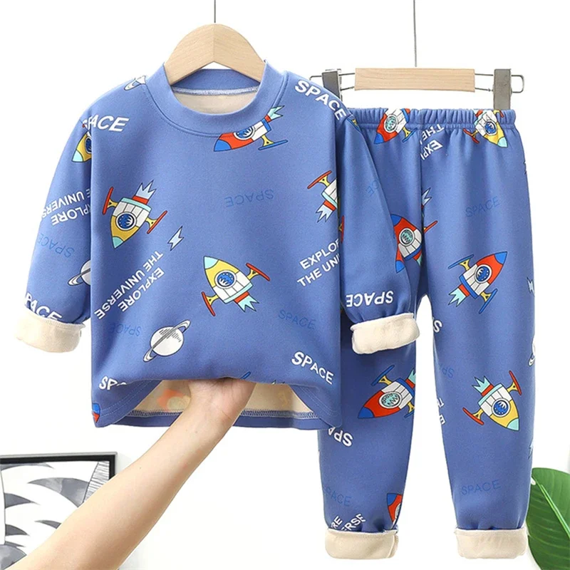 2023 Autumn Winter Kids Thick Warm Pajamas Baby Boys Girls Cartoon Long Sleeve Round Neck Pyjamas Toddler Sleepwear Clothing Set