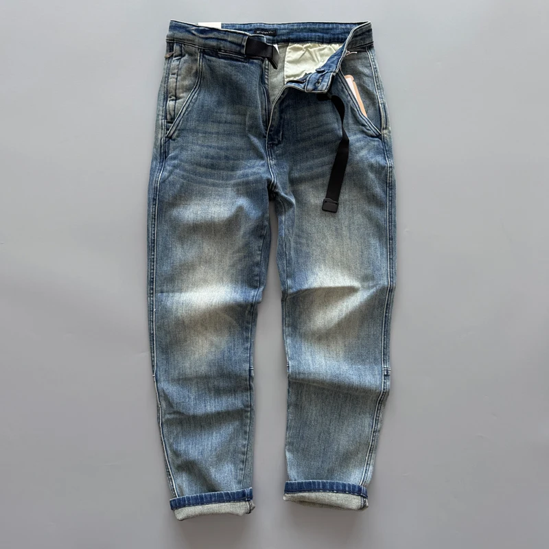 

Amekaji 13oz Autumn 97% Cotton Spandex Stretch Denim Jeans for Men American Vintage Distressed Washed Slim Tapered Pants Buckle