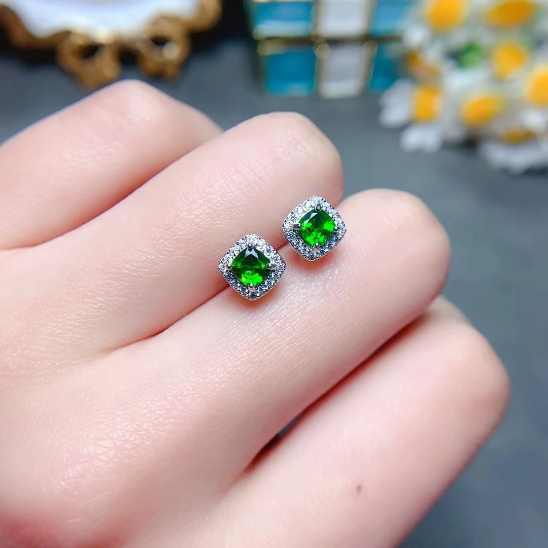 Natural Chrome Diopside Stud Earrings for Daily Wear Allergy Free 925 Silver Diopside Earrings with 3 Layers 18K Gold Plated