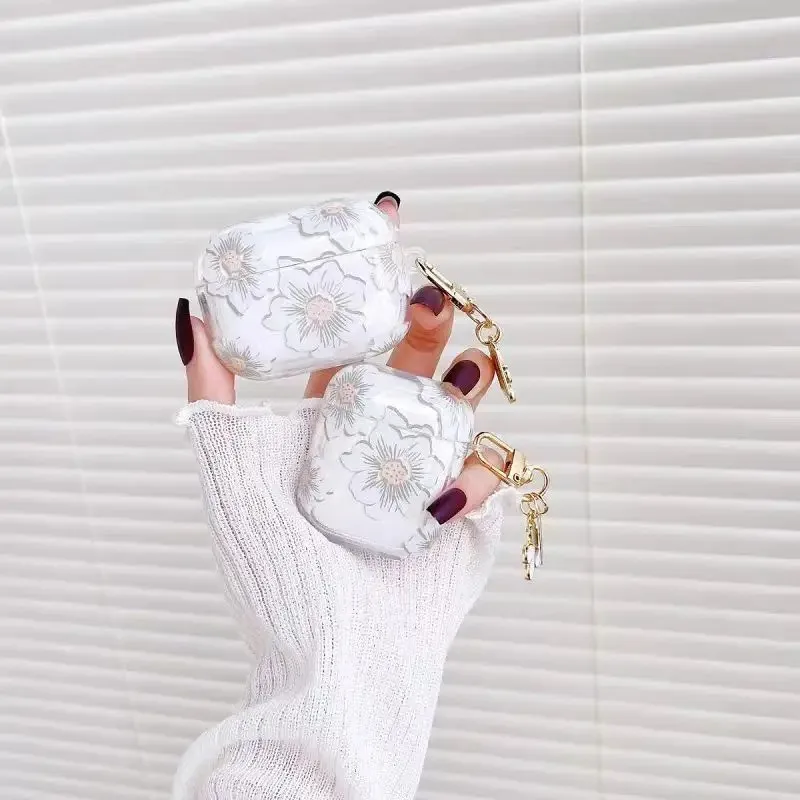 الوردي والأبيض الزهور غطاء ل AirPods Pro 2 3 لطيف بريق زهرة قلادة حقيبة سماعة الاذن ل أبل AirPodPro سماعة كيرينغ