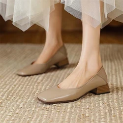 Autumn Woman Elegant Square Toe Concise Shoe 4CM High Heels Female Shallow Mouth Mary Jane Shoes Brown Women Comfortable Loafers