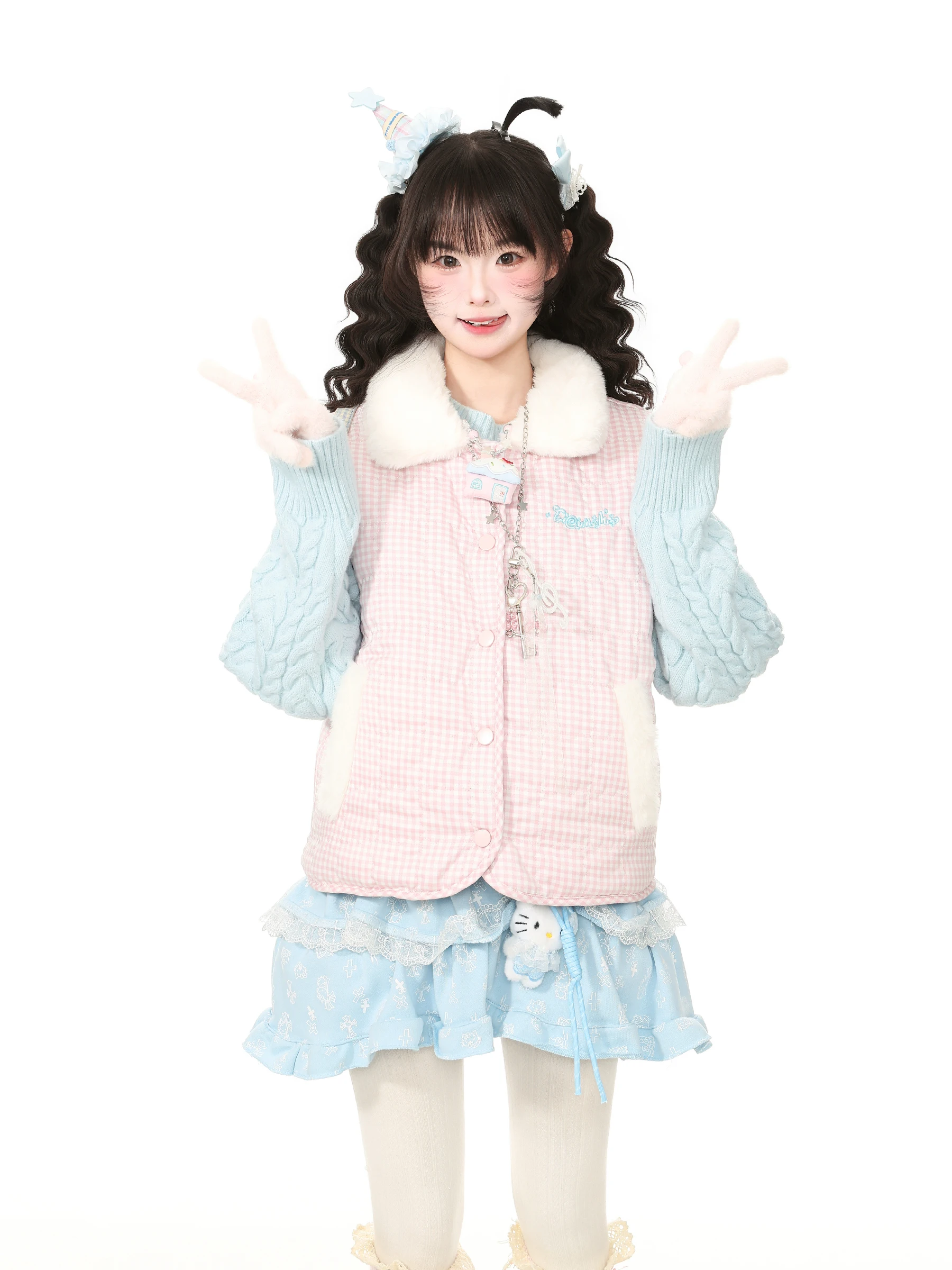 Blue Ghost Park Languid Park Cute Island Fur Trim Jacket Vest Women's Sweet  Top Casual Style Polyester Nylon Blend