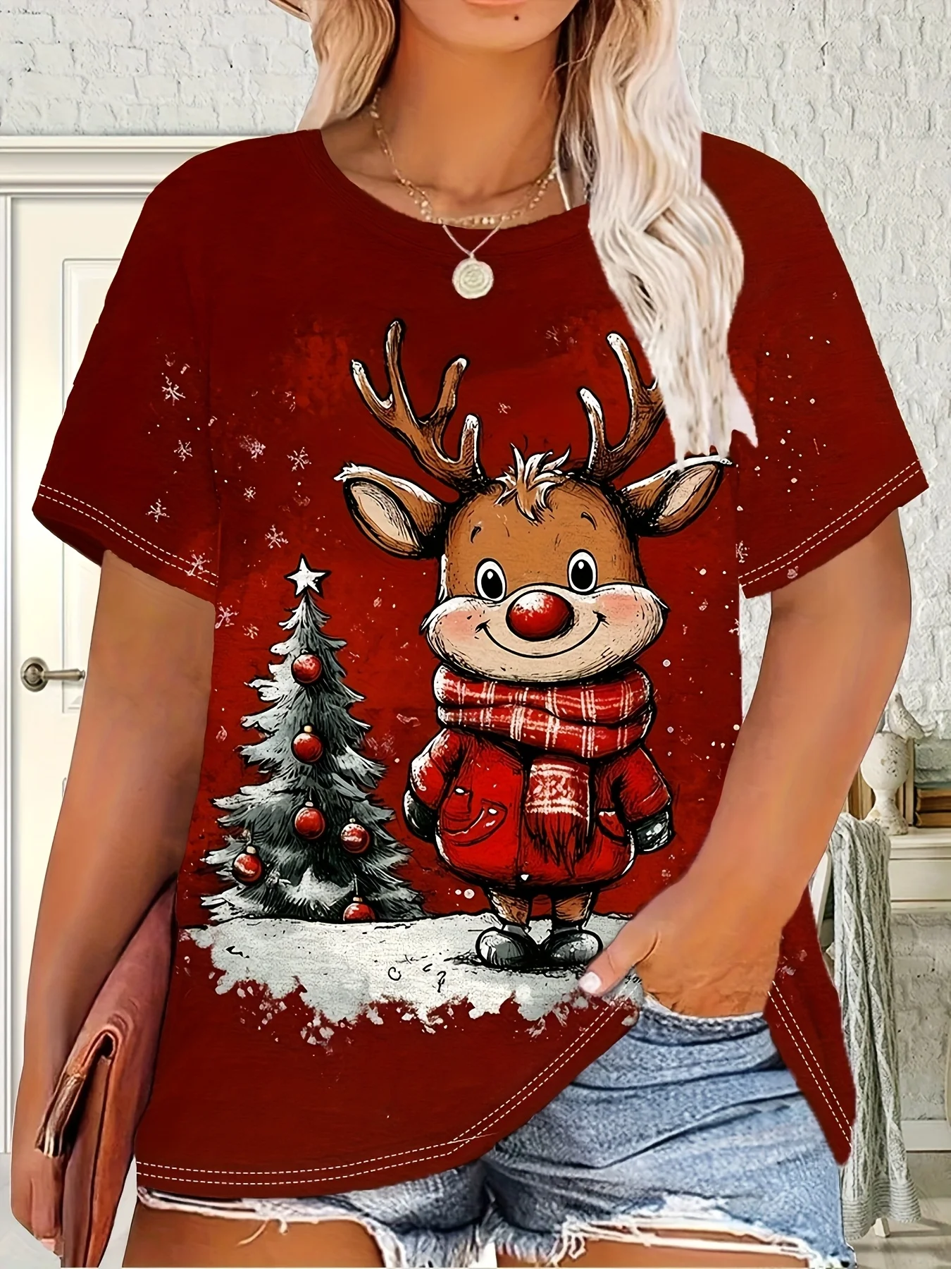 المرأة عيد الميلاد الرنة و رودولف تي شيرت مطبوع كم قصير رقبة مستديرة رداء علوي غير رسمي حفلات عيد الميلاد زي Y2k ملابس السيدات