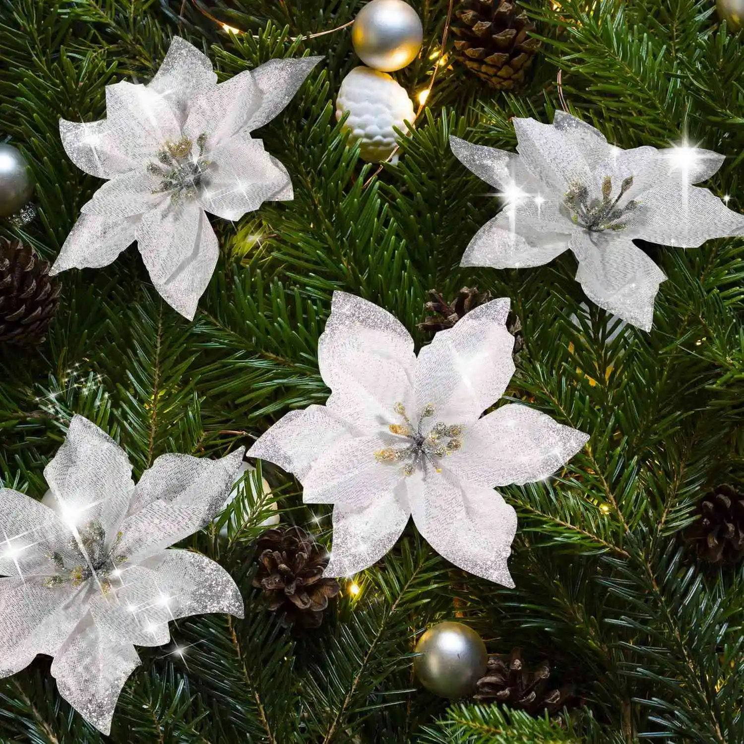 

ABIYY-50 Pack Glitter Poinsettia Christmas Tree Ornaments Artificial Silk Flowers Picks Decor Wreath Garland Holiday (Silver)