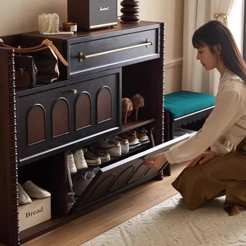 Retro Solid Wood Shoe Cabinet Rotating Telescopic Locker Shoe Rack Integrated Storage Cabinet Against Wall Home Entrance