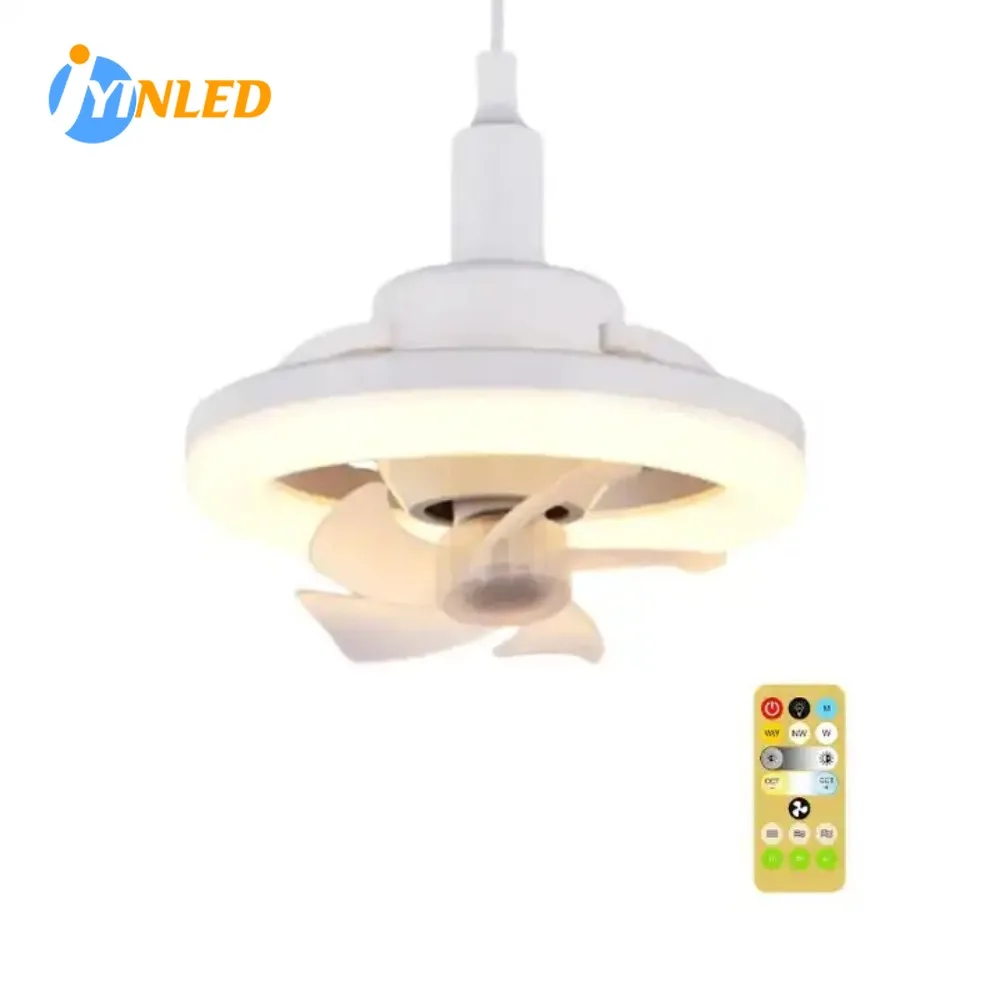 

New Minimalist Remote Control Electric Fan Light E27 Screw Mouth Three Color Household 360 Rotation Led Fan Light