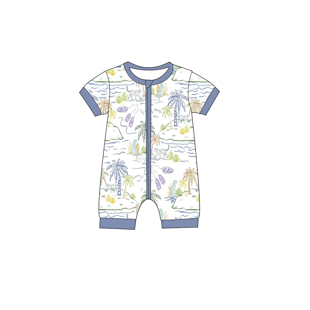 Boutique kid's rompers Crew neck short sleeve shorts zipper Beach series print Custom and wholesale