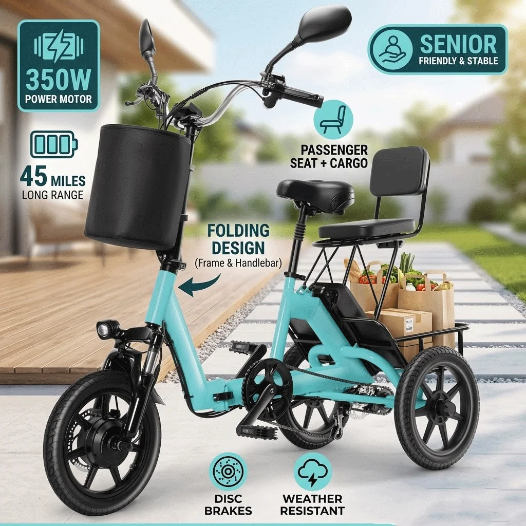 

Электрический складной трайк 350 Вт для пожилых людей, 2-местный, 3-колесный электровелосипед с запасом хода 72 км, с низкой рамой, для поездок на работу, с большой грузовой корзиной