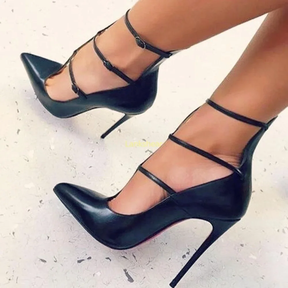 

Buckle Strap Decor Pumps Sexy Pointed Toe Stiletto Matel Leather New Arrivals Fashion Women Covet Heel Shoes
