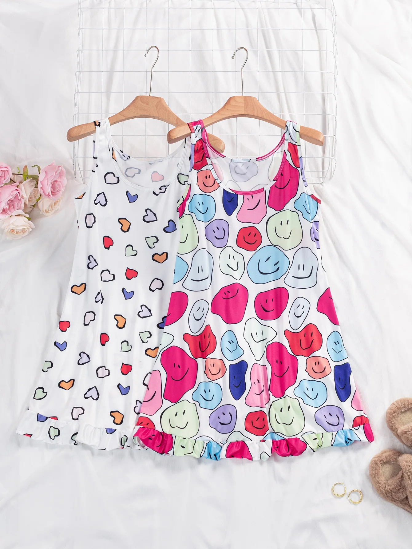 Lingerie Nightgown Women Nightdress Sleeveless Printing Nightgowns Sweet Casual Sleepwear Pijamas Sleepdress 2 Combination Set