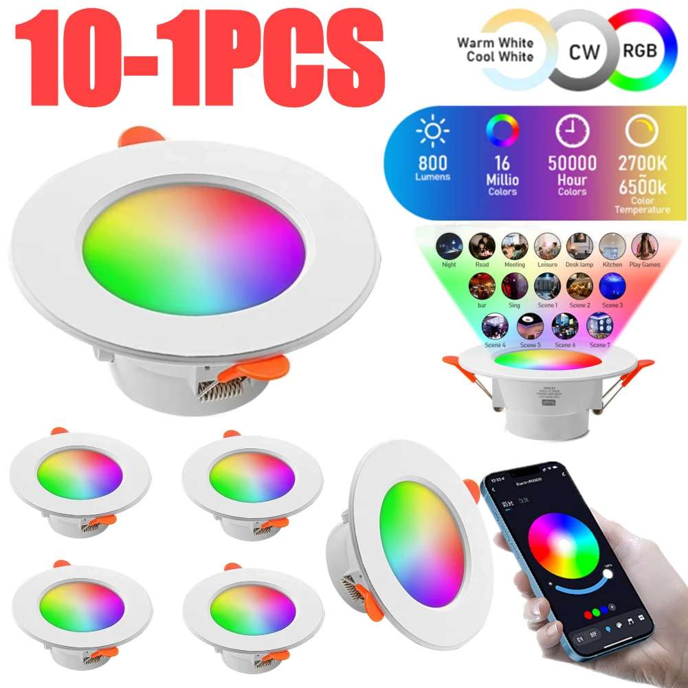 

1-10PCS 10W Smart LED Downlight Bluetooth Ceiling Lamp RGB Lamp APP Remote Control Color Changing light for Google Alexa Home