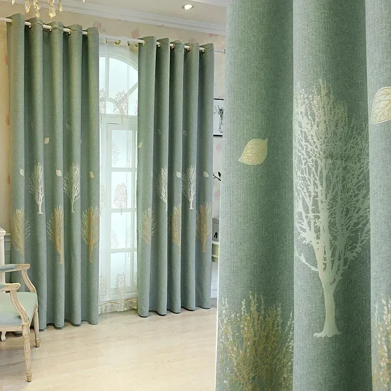 Custom Size European Blackout Curtain for Living Room Tulle Bedroom Cotton Linen Jacquard Sheer Simple Fresh Fortune Tree Print