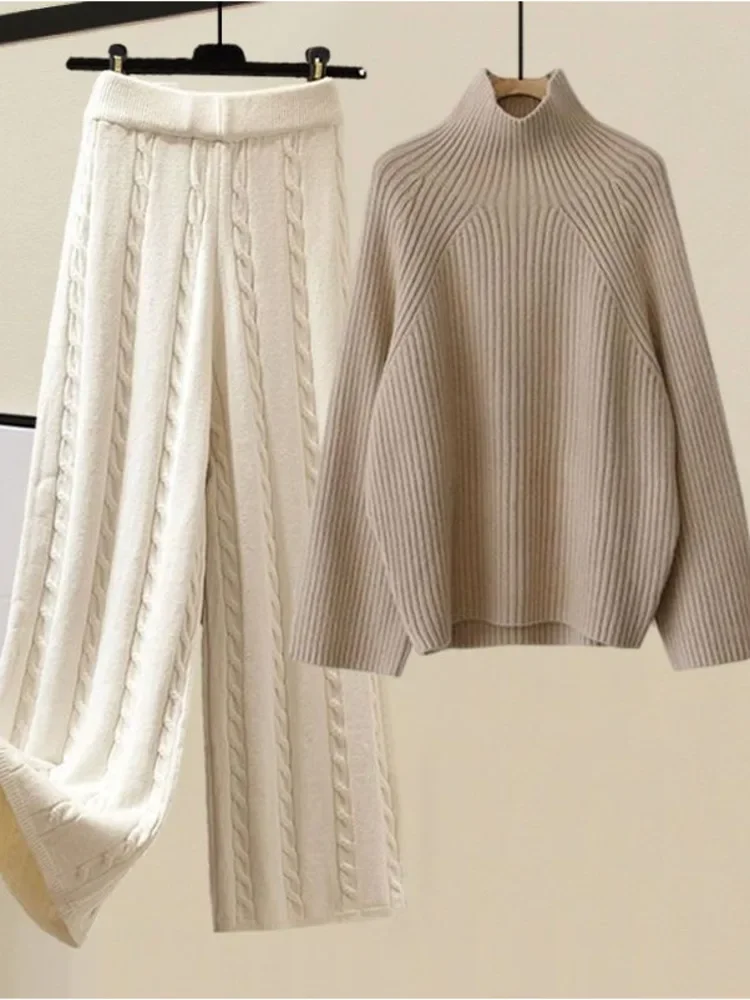 New Winter Warm Knitted Three Piece Set Women PulloverTurtleneck Sweater + Lamb Wool Vest + Wide Leg Pants Women's Tracksuit