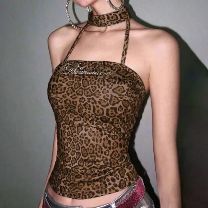 

American Style Rhinestone Leopard Print Halter Neck Camisole Slim Fit Slimming Hot Girl Top