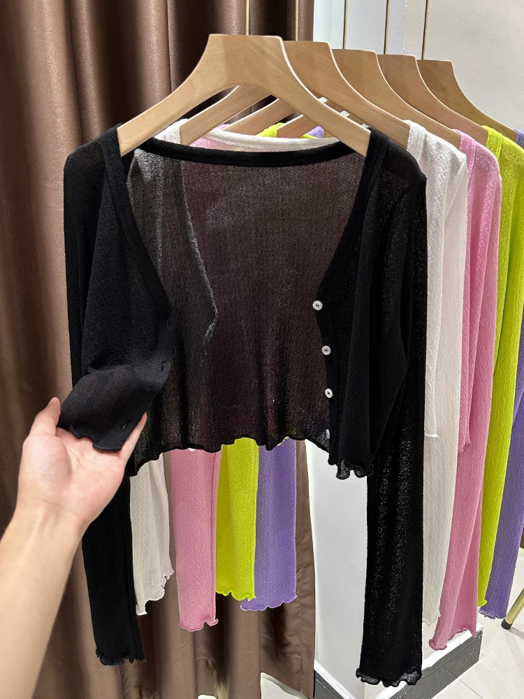

Солнцезащитный вязаный кардиган из ледяного шелка с длинными рукавами, женский топ-жилет на бретельках, летняя тонкая шерстяная вязаная верхняя одежда